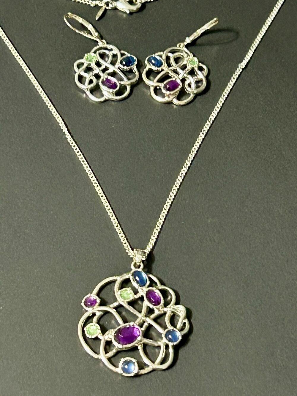 Vintage Avon NRT Celtic Knot Set Openwork Silver Tone Multi Color Glass Pendant
